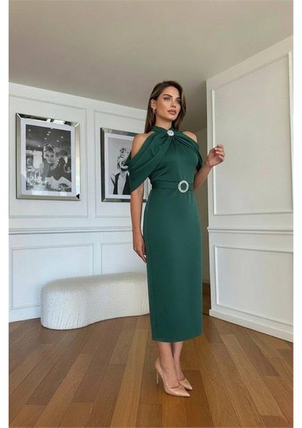 Kadın Kemerli Karmen Yaka Midi Elbise DPNC110095 modelleri