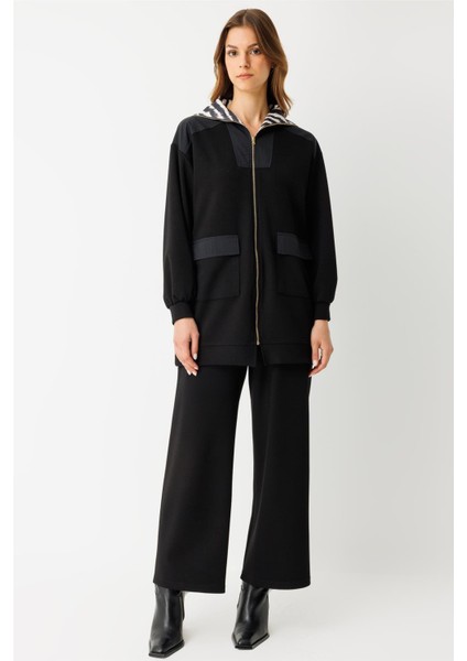 Yakası Garnili Pantolonlu Takım Siyah