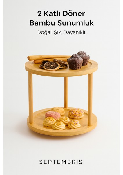 Iki Katlı Bambu Döner Sunum ve Servis Tepsisi | Doğal Ahşap Tasarım
