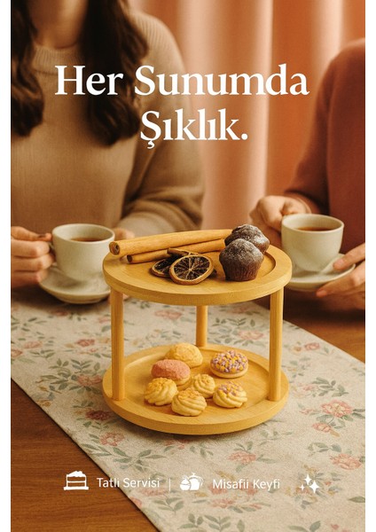 Iki Katlı Bambu Döner Sunum ve Servis Tepsisi | Doğal Ahşap Tasarım