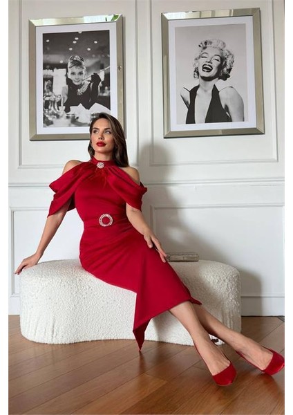 Kadın Kemerli Karmen Yaka Midi Elbise DPNC110095 modelleri