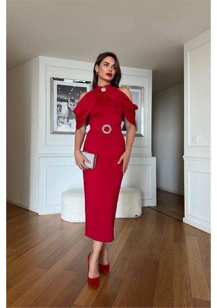 Kadın Kemerli Karmen Yaka Midi Elbise DPNC110095 fırsatları