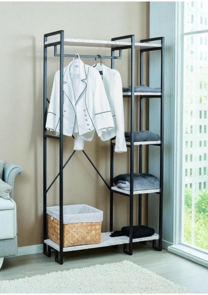 Dekoratif Metal Ayaklı Beyaz Ahşap Raflı Elbise Askılığı Ayakkabılık Çok Amaçlı Portatif Portmanto Gardırop