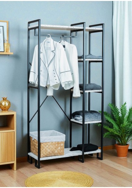 Dekoratif Metal Ayaklı Beyaz Ahşap Raflı Elbise Askılığı Ayakkabılık Çok Amaçlı Portatif Portmanto Gardırop