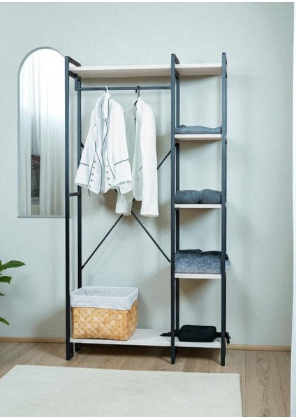 Dekoratif Metal Ayaklı Beyaz Ahşap Raflı Elbise Askılığı Ayakkabılık Çok Amaçlı Portatif Portmanto Gardırop