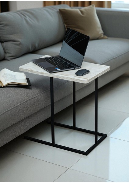 Dekoratif Beyaz Metal Yan Sehpa Ahşap Raflı Koltuk Yanı Servis Sehpası Çok Amaçlı Zigon C Sehpa