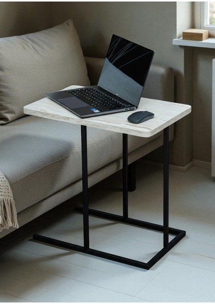 Dekoratif Beyaz Metal Yan Sehpa Ahşap Raflı Koltuk Yanı Servis Sehpası Çok Amaçlı Zigon C Sehpa