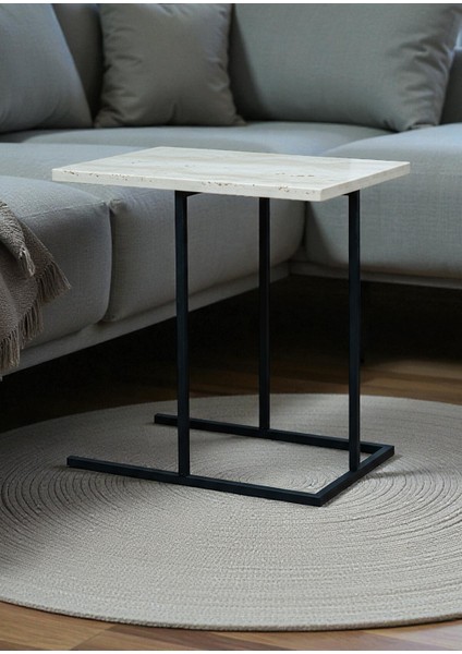 Dekoratif Beyaz Metal Yan Sehpa Ahşap Raflı Koltuk Yanı Servis Sehpası Çok Amaçlı Zigon C Sehpa