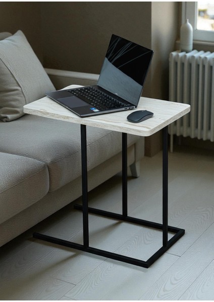 Dekoratif Beyaz Metal Yan Sehpa Ahşap Raflı Koltuk Yanı Servis Sehpası Çok Amaçlı Zigon C Sehpa