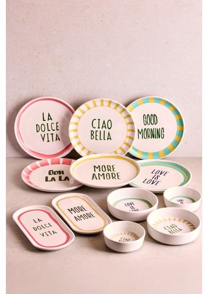 La Dolce Vita 14 Parça 6 Kişilik Seramik Kahvaltı Seti Stackable Sosluklu Sunum Tabağı