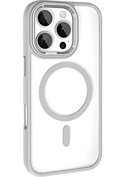 Apple iPhone 16 Pro Kılıf Wireless Şarj Özellikli Vrdr Krom Magsafe Silikon Kapak-Gümüş