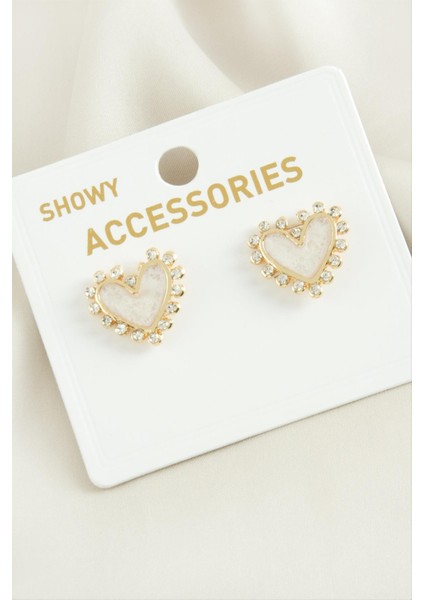 Techmrt Kalp Sedef Taşlı Metal Küpe-Krem fiyatları