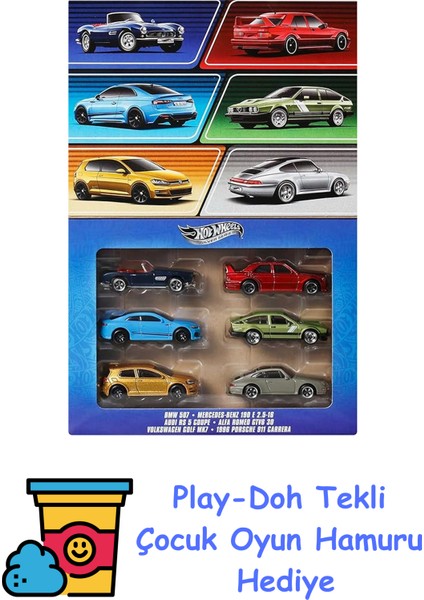 1:64 Ölçekli Metal Oyuncak Arabalar, Özel Süslemelere Sahip 6'lı Avrupa Aracı Seti (Stiller Çeşitlilik Gösterebilir), JBY79 + Play-Doh Oyun Hamuru