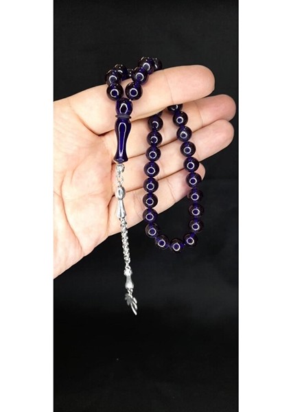 Çubuk Kehribar Tesbih Küre Kesim Lacivert Renk T-365