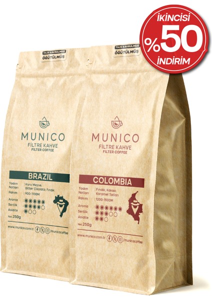 Brezilya-Kolombiya Öğütülmüş Kahve Tadım Paketi 2X250