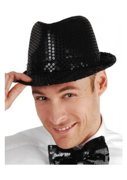 Disko Star Siyah Payetli Fötr Şapka Yetişkin Boy modelleri