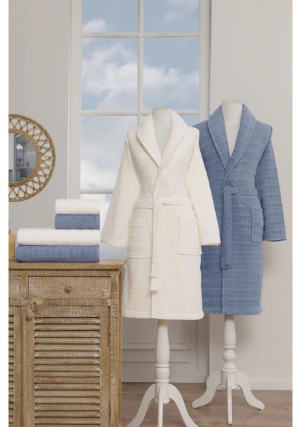 Çizgili Kadife Bornoz Seti 6 Parça Krem-Indigo