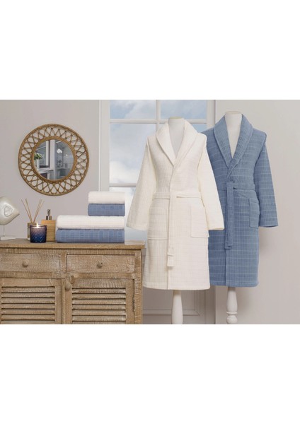 Çizgili Kadife Bornoz Seti 6 Parça Krem-Indigo fırsatları