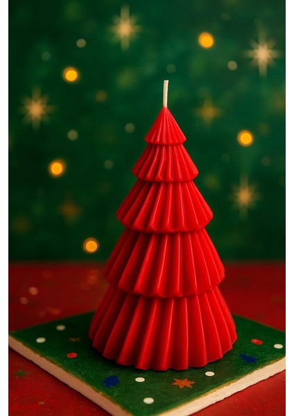 Noel Ağacı Şeklinde Dekoratif Mum - Yeşil - Kırmızı - Beyaz | El Yapımı