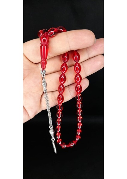 Çubuk Kehribar Tesbih Beyzi Kesim Kırmızı Renk T-366