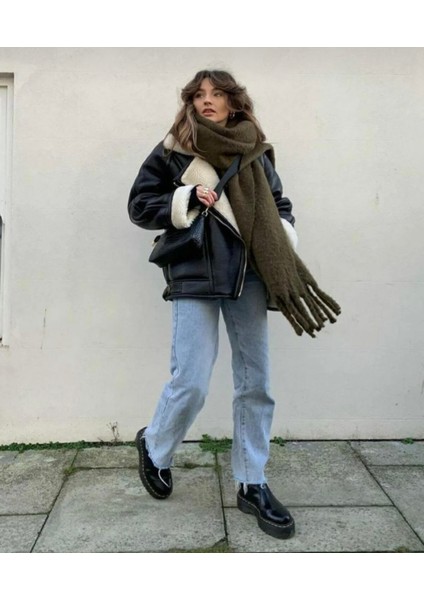 Kadın Kışlık Yumuşak Dokulu Puffy Atkı Şal – Kalın Peluş, Desenli, Saçaklı Oversize Model