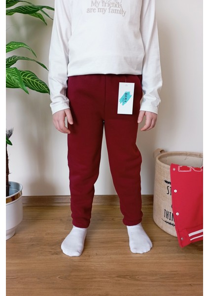 Çocuk Bordo 3 Iplik Şardonlu Paçası Lastikli Kışlık Eşofman Altı modelleri