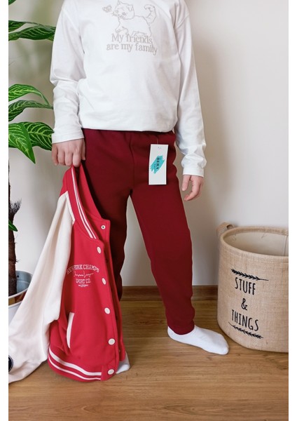 Çocuk Bordo 3 Iplik Şardonlu Paçası Lastikli Kışlık Eşofman Altı fırsatları