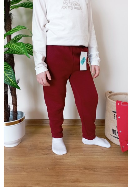 Çocuk Bordo 3 Iplik Şardonlu Paçası Lastikli Kışlık Eşofman Altı indirimleri