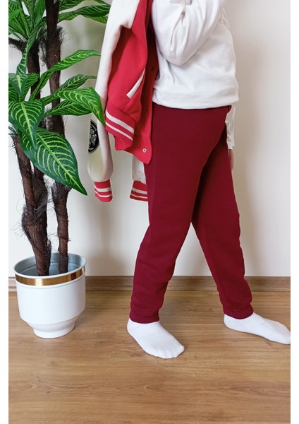 Çocuk Bordo 3 Iplik Şardonlu Paçası Lastikli Kışlık Eşofman Altı