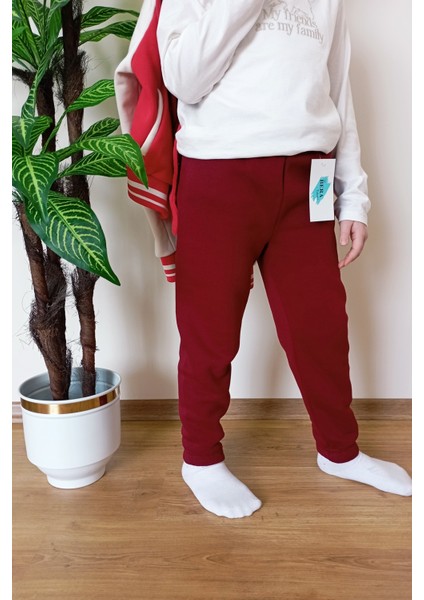 Çocuk Bordo 3 Iplik Şardonlu Paçası Lastikli Kışlık Eşofman Altı