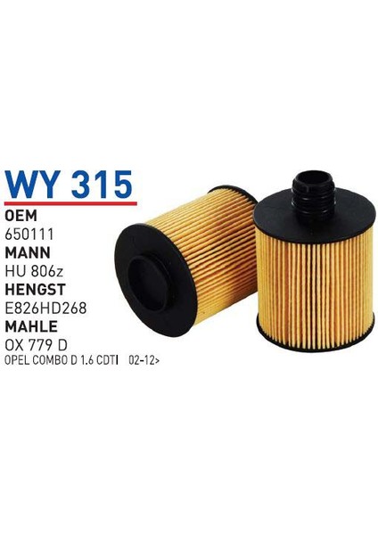 WY315 Oem 650111 Oem 71754237 Fıat Linea Doblo 1,6 -2,0 Jtd Otomobil Yağ Filtre Oil Filter