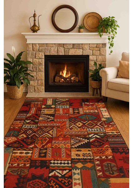 Patchwork Desenli Dekoratif Kaymaz Pamuk Dokuma Tabanlı Halı.