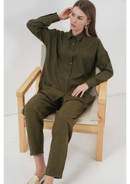 Kadın Bdart Keten Karışımlı Uzun Kollu Gömlek ve Pantolon Takım Orman Yeşili fiyatları