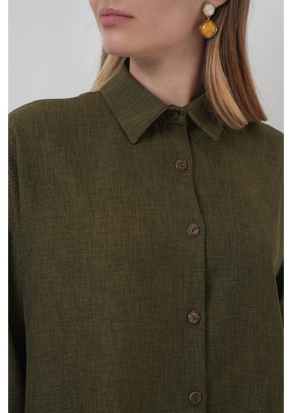 Kadın Bdart Keten Karışımlı Uzun Kollu Gömlek ve Pantolon Takım Orman Yeşili indirimleri