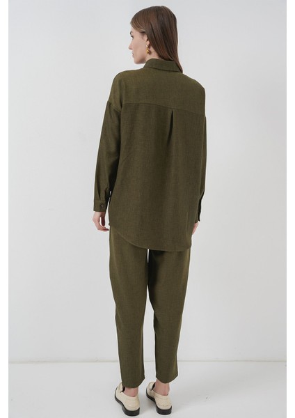Kadın Bdart Keten Karışımlı Uzun Kollu Gömlek ve Pantolon Takım Orman Yeşili