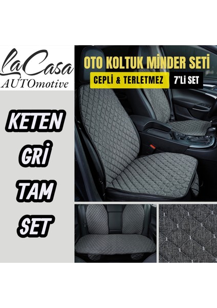 Terletmez Ergonomik,cepli Kaymaz Keten Oto Kılıf-Minder (7parça Set)