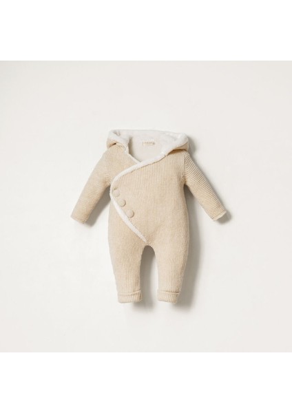 8372N Bebek Triko Linksli Düğmeli Kapüşonlu Naturel Yün Tulum