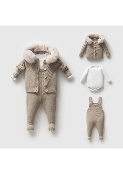 8332N Unisex Bebek Triko Düğmeli Hırkalı 3'lü Naturel Yün Salopet Takım