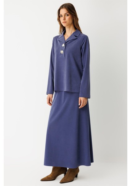 Iri Düğmeli Etekli Takım Indigo