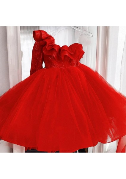 Alice Kırmızı Tek Omuz Abiye Çocuk Elbisesi - Tül Kabarık Parti ve Doğum Günü Elbisesi fiyatları