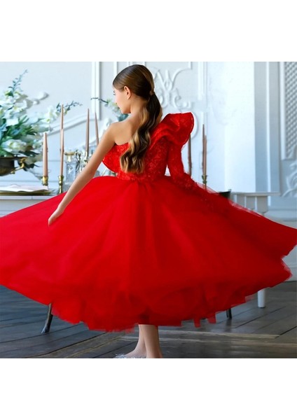 Alice Kırmızı Tek Omuz Abiye Çocuk Elbisesi - Tül Kabarık Parti ve Doğum Günü Elbisesi modelleri