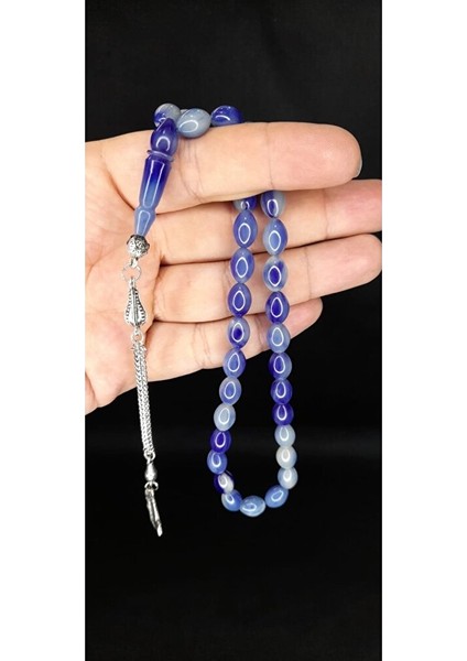 Toz Kehribar Tesbih Mavi Renkli Beyzi Kesim T-369