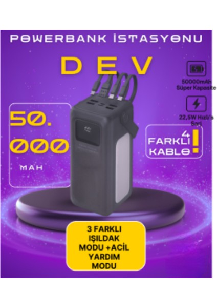 50000MAH Outdoor Powerbank | 22.5W Hızlı Şarj | Dahili 4 Kablo + Usb-C Çıkış