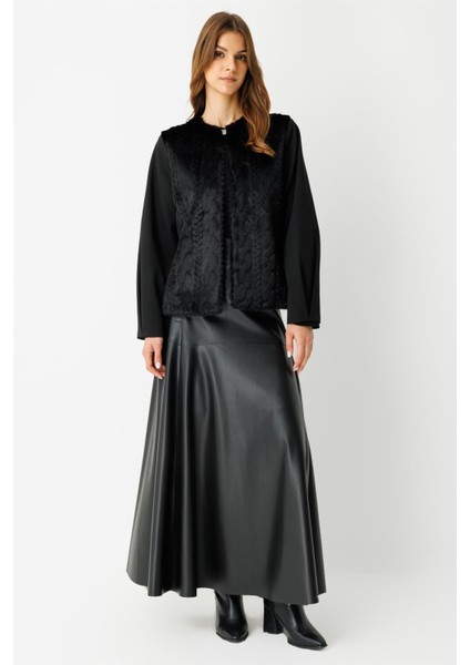 Kürk Ceketli Deri Etekli Takım Siyah