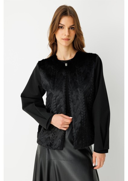 Kürk Ceketli Deri Etekli Takım Siyah indirimleri