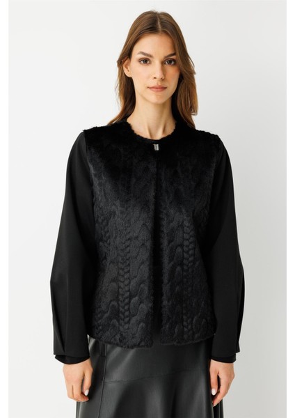 Kürk Ceketli Deri Etekli Takım Siyah