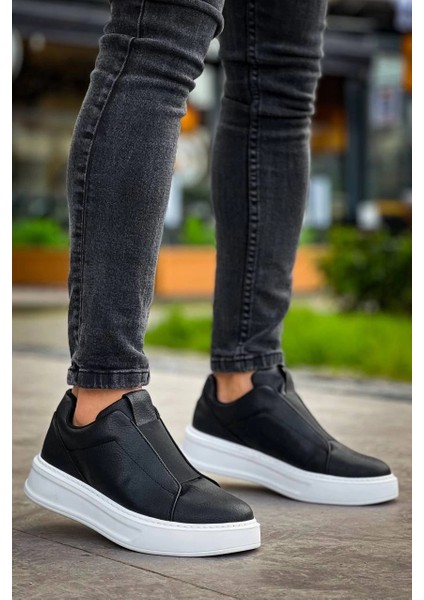 KB-007 Kuback Siyah Beyaz Yüksek Taban Tek Bant Bağcıksız Günlük Erkek Ayakkabı