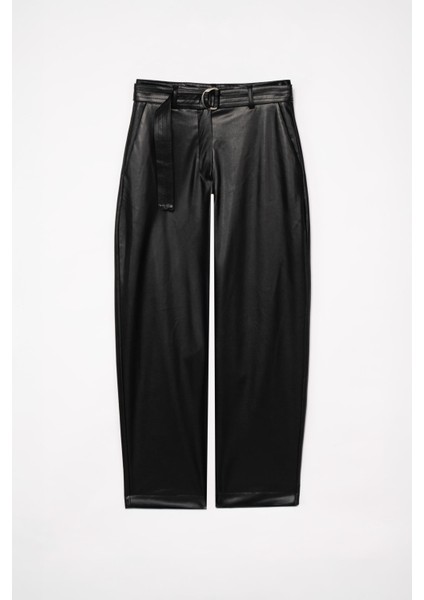 Kadın Siyah Deri Varil Pantolon