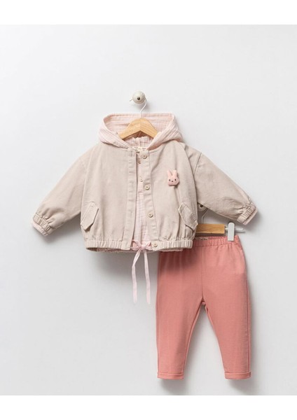 2352NY Kız Bebek Kapüşonlu Ceketli 3'lü Takım