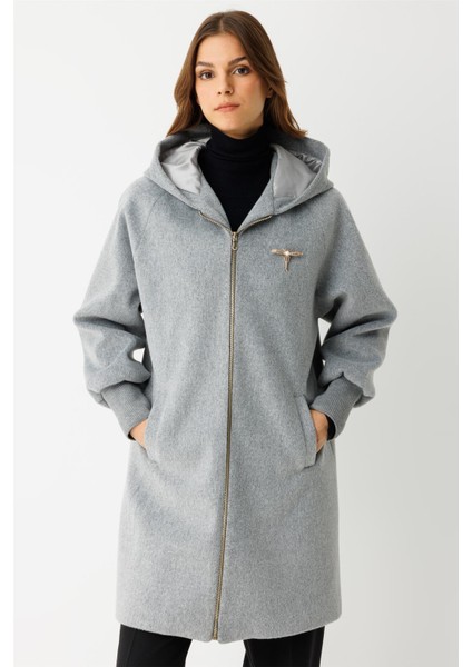 Fermuar Kapamalı Kapişonlu Kaban Gri